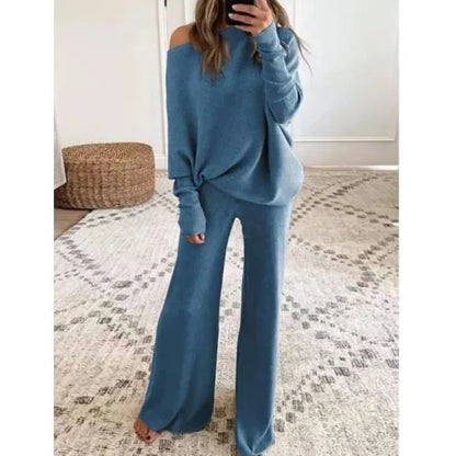 Fashion Long-sleeved Bateau Collar Top + Wide-leg Pants 2-piece Set Women Elegant Autumn Solid Color Knitted Loose Suit Female