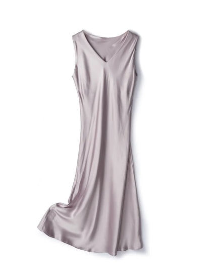 SuyaDream, Women Long Dresses, 100%Real Silk, V Neck, Sleeveless Tank Dress,  2024 Spring Summer Clothes, Green, Lavender