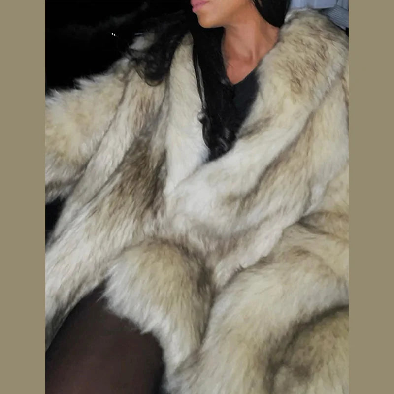 Luxury Fluffy Faux Fur Long Coat Women Lapel Long Sleeve Loose Thicken Warm Overcoat 2024 Autumn Winter Lady Fashion Streetwear