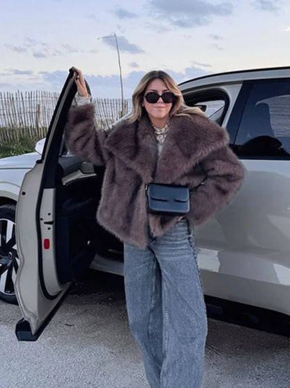 Brown Big Lapel Faux Fur Fury Women's Coats Fluffy Long Sleeved Thick Warm Fury Jackets 2024 Winter Lady Casual Street Outwear