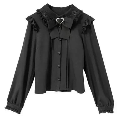 Jirai Kei Lolita Top Shirt Japanese Women's 2024 Spring and Autumn Sweet Bow Long Sleeved Cute Lace Bubble Sleeve Fashion Shirts