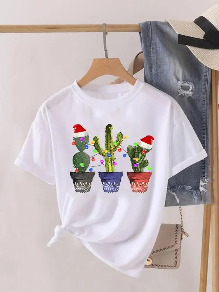 Lady New Year Short Sleeve Print Fashion Women Shirt Tee Top Paw Dog Cat Trend Cute Christmas Clothing Clothes Graphic T-shirt