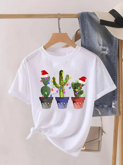 Lady New Year Short Sleeve Print Fashion Women Shirt Tee Top Paw Dog Cat Trend Cute Christmas Clothing Clothes Graphic T-shirt