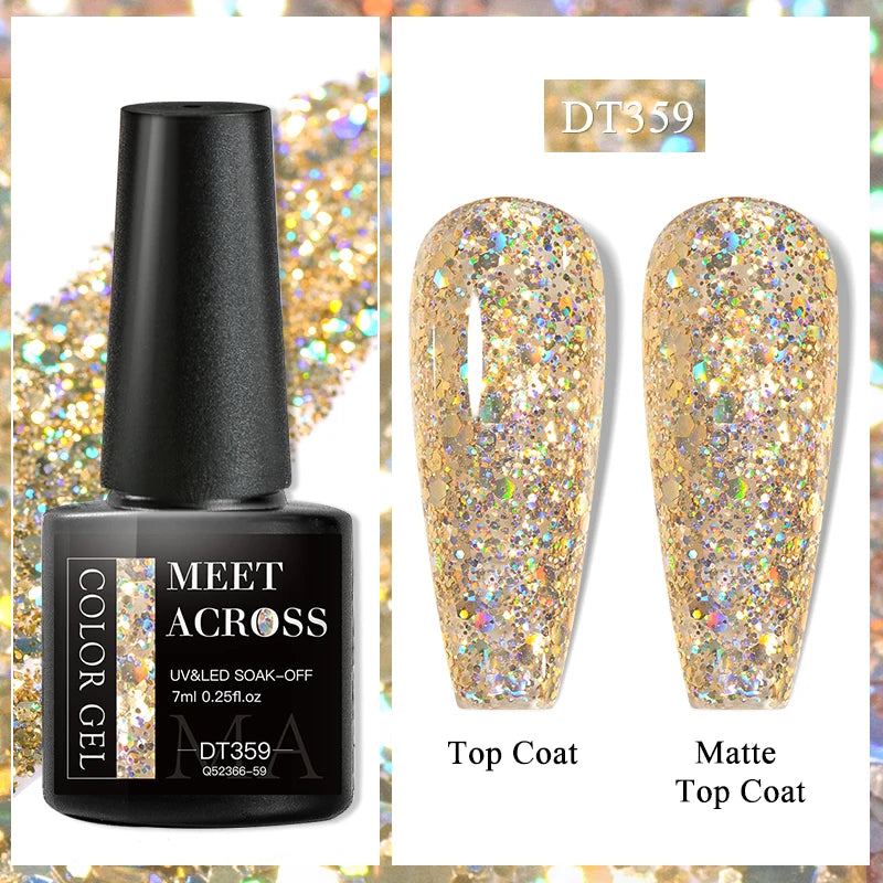 MEET ACROSS 7ml Red Gel Nail Polish Crystal Semi Permanent Soak Off UV Gel Varnish Nail Art Manicure Base Matte Top Coat Vernis