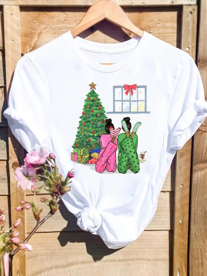 Merry Christmas New Year Holiday Graphic T Tee Fashion Cat Tree Lovely 90s Cute 2025 Print T Top Women Shirt Clothing T-shirts