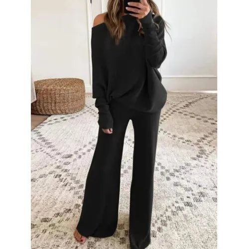 Fashion Long-sleeved Bateau Collar Top + Wide-leg Pants 2-piece Set Women Elegant Autumn Solid Color Knitted Loose Suit Female