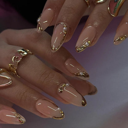 24Pcs Simple French Fake Nails with Almond Head Design Detachable 3D Irregular Star Pattern Press on False Nails Manicure Tools