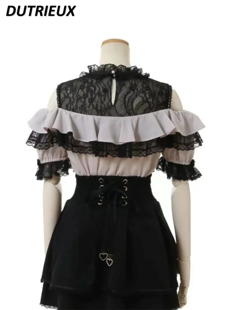 Sweet Cute Girls Short Sleeve Tops Japanese Style Mine Mass-Produced 2025 Summer Kawaii Slimming Lace Off-Shoulder Shirt