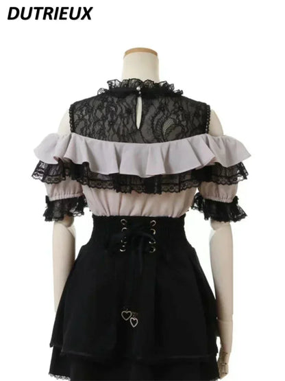 Sweet Cute Girls Short Sleeve Tops Japanese Style Mine Mass-Produced 2025 Summer Kawaii Slimming Lace Off-Shoulder Shirt