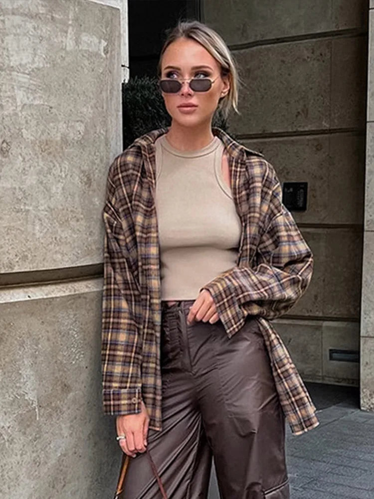 Plaid Checkered Single Breasted Shirts Women Casual Loose Long Sleeve Blouse Female 2025 Spring Autumn Vintage High Street Tops