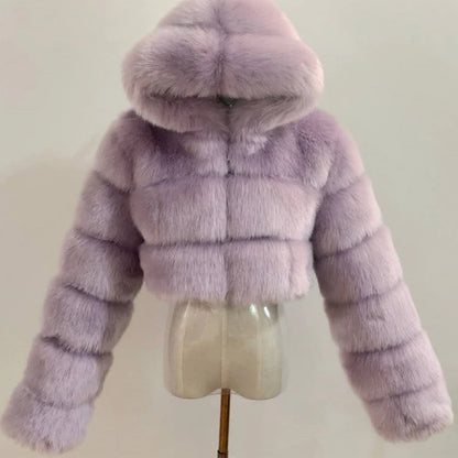 High Quality Furry Cropped Faux Fur Coats and Jackets Women Fluffy Top Coat With Hooded Winter Fur Jacket Manteau Femme