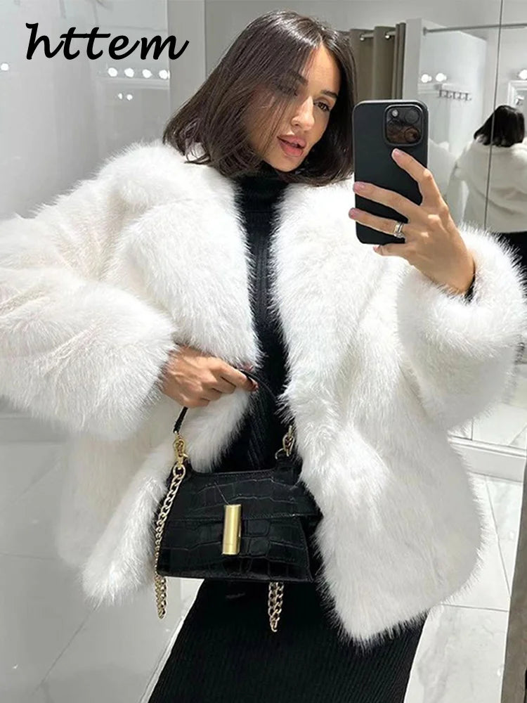 Street Women's White Faux Fur Coat Loose Lapel Long Sleeve Female Furry Jacket 2024 Autumn Winter Lady Luxury Plush Overcoat New