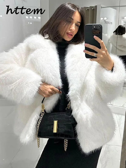 Street Women's White Faux Fur Coat Loose Lapel Long Sleeve Female Furry Jacket 2024 Autumn Winter Lady Luxury Plush Overcoat New