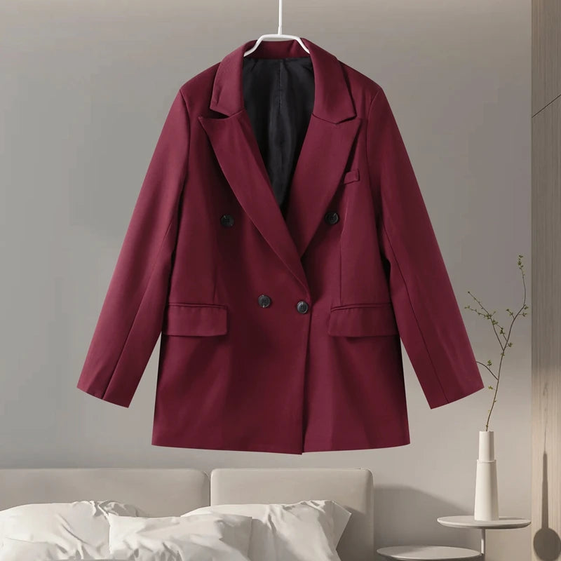 Wine Red Women's Blazer Coat Fashion Long Sleeve Lapel Double Breasted Female Coats 2024 Autumn Winter Slim Lady Outwear