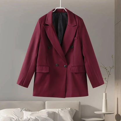 Wine Red Women's Blazer Coat Fashion Long Sleeve Lapel Double Breasted Female Coats 2024 Autumn Winter Slim Lady Outwear