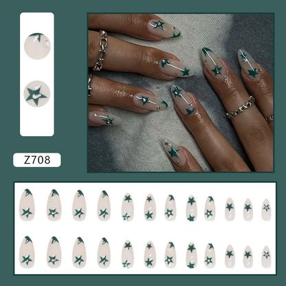 24Pcs Cool y2k False Nails Green Star Printed Design Almond Fake Nail Patch for Girl Wearable Ins Artificial nails Free Shipping