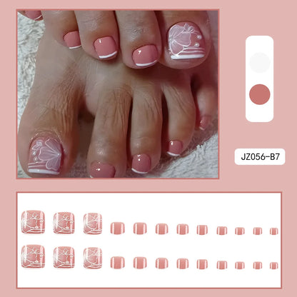 24 Pcs French Design Fake Toe Nail Press on Toe Nail Summer False Nails Acrylic Reusable Toe Nail Decorated Nails With Tool Kit