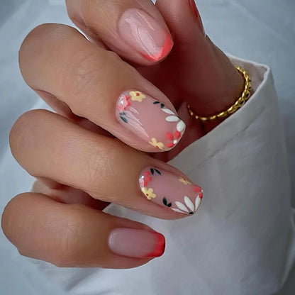 Summer New Square False Nails French Fake Nails With Flower Pattern Designs False Nails Full Cover Detachable Press on Nail Tips