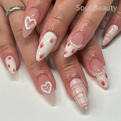 24Pcs Strawberry Press on Nails 3D Heart Pearl Decorated Fake Nail Art Removable Waterproof Artificial Wearable False Nails Tips