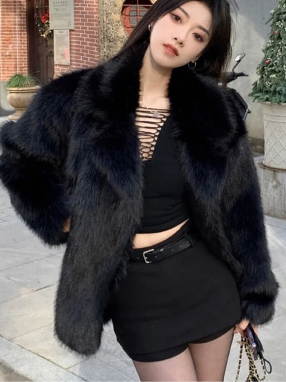 Lautaro Winter Loose Casual Thick Warm Soft Hairy Faux Fur Coat Women Luxury High Quality Furry Fluffy Jacket Korean Fashion