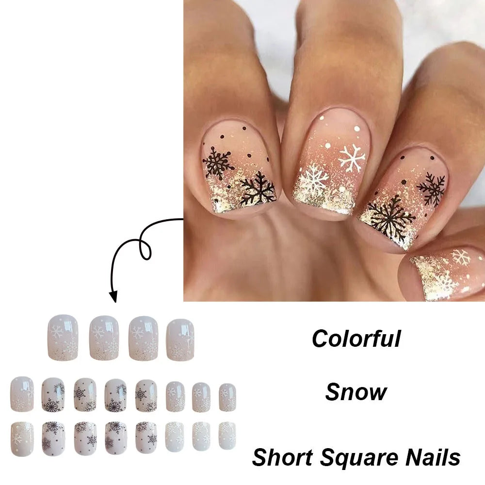 Christmas Stiletto Fake Nails for Women Girls Golden Snowflakes Designs French Press on Nails Wearable Full Cover False Nails
