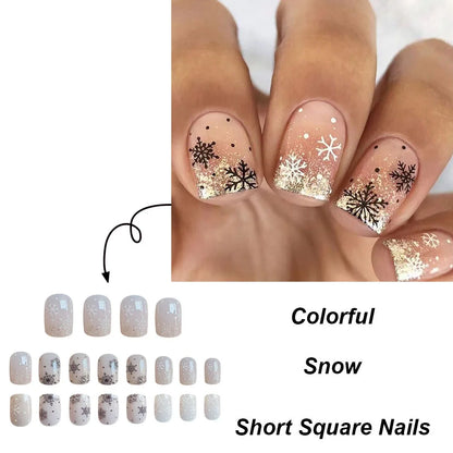 Christmas Stiletto Fake Nails for Women Girls Golden Snowflakes Designs French Press on Nails Wearable Full Cover False Nails