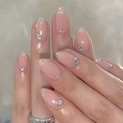 24Pcs French Gold Edge Wearable Almond Press on Fake Nails Simple Pearl Decoration False Nails with Glue Full Over Manicure Tips