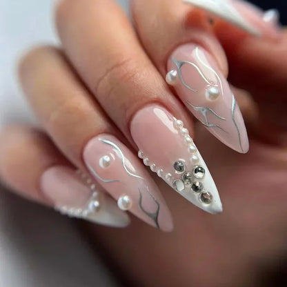 24Pcs French Gold Edge Wearable Almond Press on Fake Nails Simple Pearl Decoration False Nails with Glue Full Over Manicure Tips