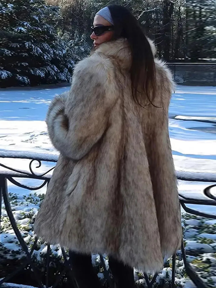 Luxury Fluffy Faux Fur Long Coat Women Lapel Long Sleeve Loose Thicken Warm Overcoat 2024 Autumn Winter Lady Fashion Streetwear