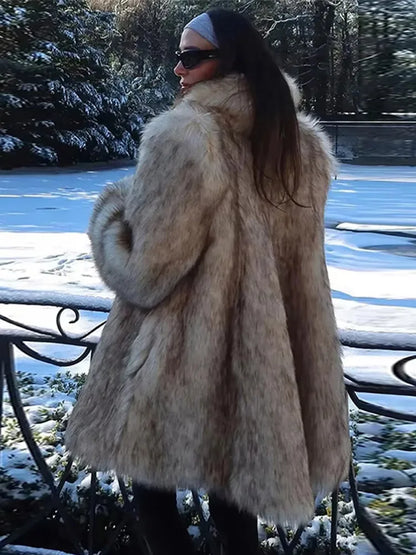 Luxury Fluffy Faux Fur Long Coat Women Lapel Long Sleeve Loose Thicken Warm Overcoat 2024 Autumn Winter Lady Fashion Streetwear