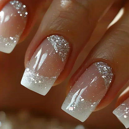 24Pcs Short Square Press on Nails Gradient Glitter False Nails French Tip Lines Acrylic Nails Full Cover Wearable Fake Nail Tips