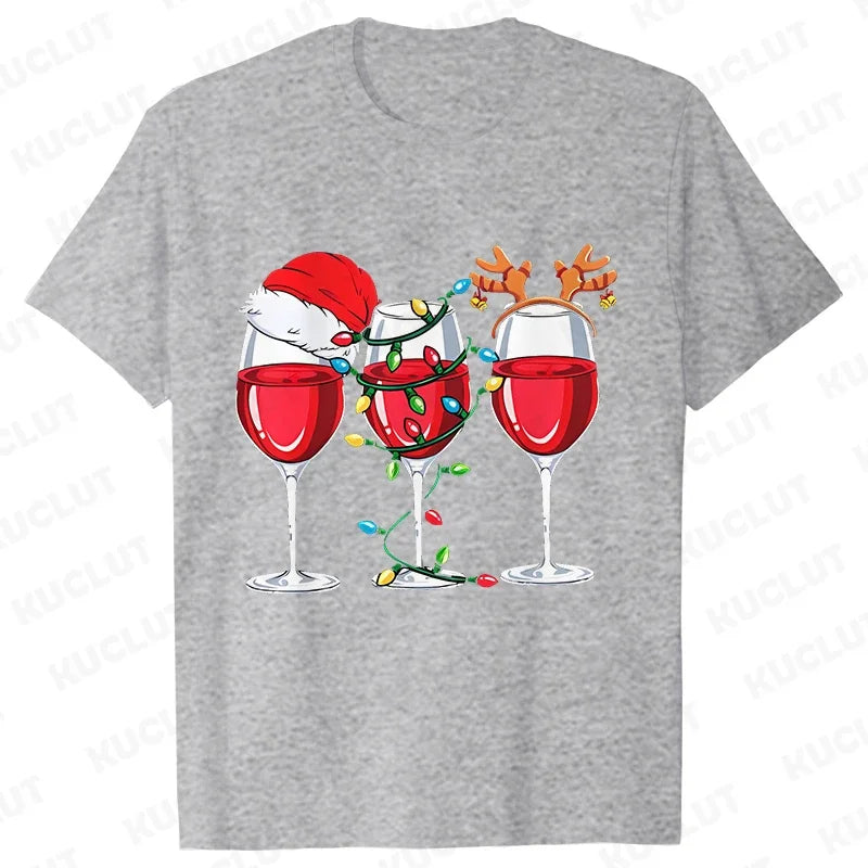 Christmas Wine T Shirts for Women Clothing Funny Cartoon T-shirts Kawaii Fashion Tshirt Korean Female Tops Christmas Wine Tees
