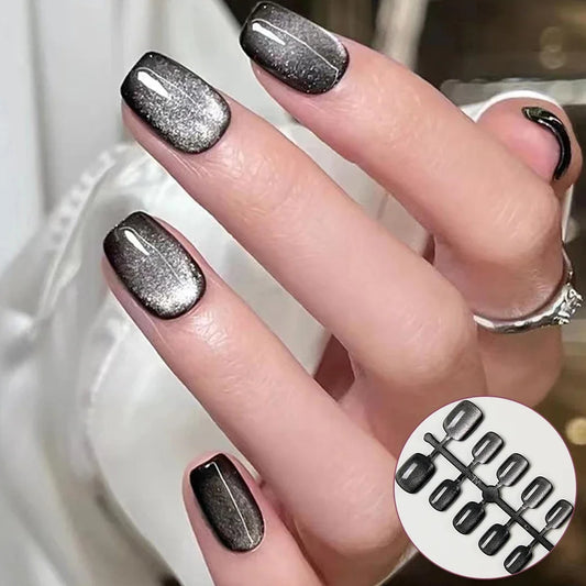 10Pcs Black Glitter Cat Eye Press-On Nails Set Reusable Square Acrylic Fake Nails with Glue for Women&Girls Daily Wear Nail Tips