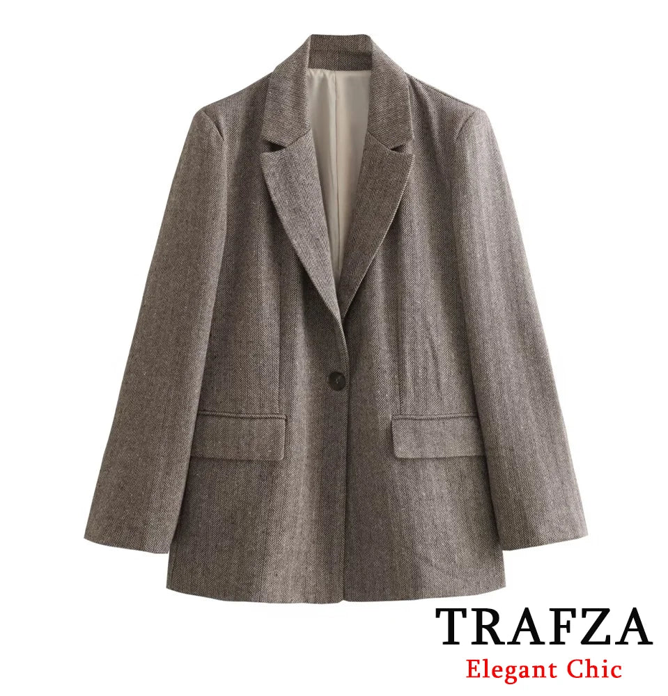 TRAFZA Women Vintage Herringbone Straight-Cut Blazer Lapel Buttons Pockets Blazer New 2024 Fall Winter Fashion Commuter Blazer