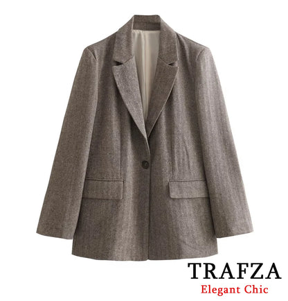 TRAFZA Women Vintage Herringbone Straight-Cut Blazer Lapel Buttons Pockets Blazer New 2024 Fall Winter Fashion Commuter Blazer