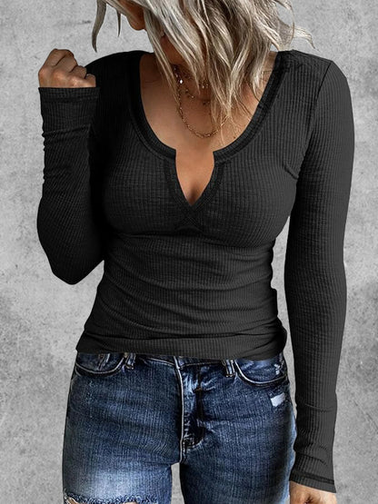 Ribbed Solid Notch Neck T-Shirt, Casual Long Sleeve Top For Spring & Fall, Women's Clothing