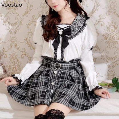 Japanese Gothic Lolita Shirt Women Harajuku Jirai Kei Bow Long Lantern Sleeve Blouses Y2k Aesthetic Elegant Sweet Clothes Tops