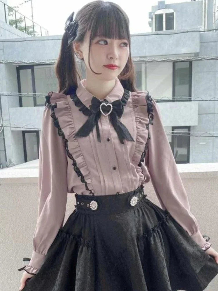Japanese Kawaii Lace Ruffle Shirt Women Y2k Pink Bow Blouse Harajuku Cute Ladies Tops 2025 New Fashion Lolita Blusas Femme