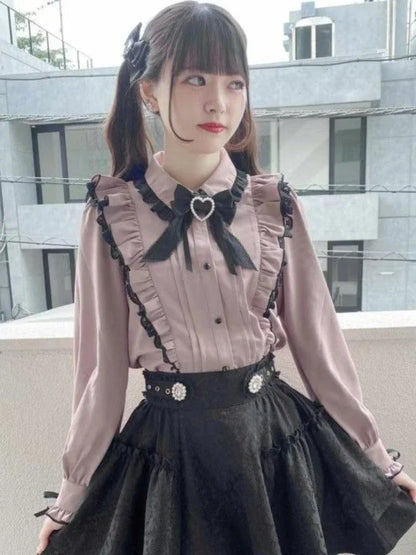 Japanese Kawaii Lace Ruffle Shirt Women Y2k Pink Bow Blouse Harajuku Cute Ladies Tops 2025 New Fashion Lolita Blusas Femme