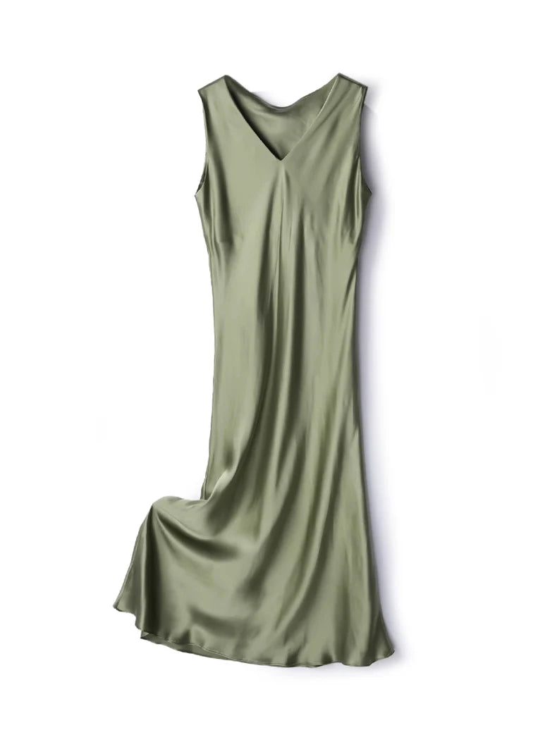 SuyaDream, Women Long Dresses, 100%Real Silk, V Neck, Sleeveless Tank Dress,  2024 Spring Summer Clothes, Green, Lavender