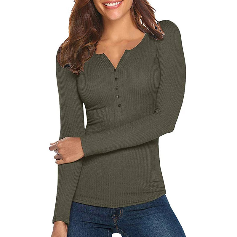 Single Breasted Pullover Top Long Sleeve Slim T-shirt Casual Simple Women Clothing Basic Autumn Winter 2024 Lady Trend Thin New