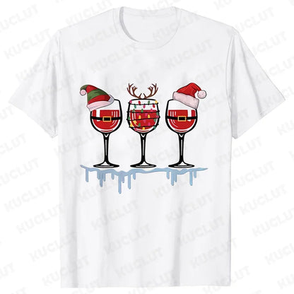 Christmas Wine T Shirts for Women Clothing Funny Cartoon T-shirts Kawaii Fashion Tshirt Korean Female Tops Christmas Wine Tees