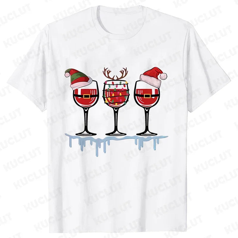 Christmas Wine T Shirts for Women Clothing Funny Cartoon T-shirts Kawaii Fashion Tshirt Korean Female Tops Christmas Wine Tees