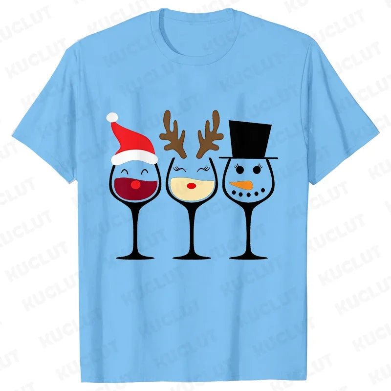 Christmas Wine T Shirts for Women Clothing Funny Cartoon T-shirts Kawaii Fashion Tshirt Korean Female Tops Christmas Wine Tees