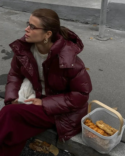 2024 Winter Solid Drawstring Quilted Cotton Coat Fashion Stand Collar Hooded Warm Jacket Lady New Thicken Casual Streetwear