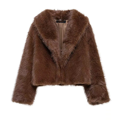 Luxury Lapel Faux Fur Short Coat For Women Casual Fluffy Full Sleeve Warm Female Jacket Autumn Winter Lady Cummuter Outerwear ﻿