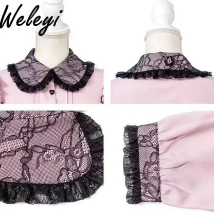 Jirai Kei Lolita Top Shirt Japanese Women's 2024 Spring and Autumn Sweet Bow Long Sleeved Cute Lace Bubble Sleeve Fashion Shirts