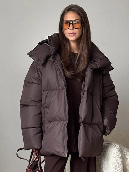 Casual Solid Long Sleeves Hooded Cotton Padded Coat Vintage Brown Women Cotton Jacket 2024 New Winter Warm Highstreet Lady Coats
