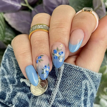 24Pcs Autumn Winter Matte Almond False Nails with Glue Rose Leaf Printing Nail Art Simple Full Cover Press on Acrylic Nails Tips