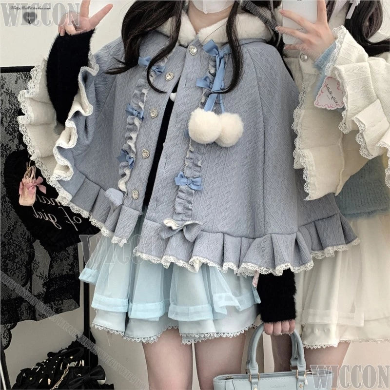 Jirai Kei Pompon Hooded Cape Cosplay Costume Cute Kawaii Falbala Cloak Winter Dress Girl Women Christmas Holloween Customized